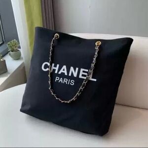 CC Black Canvas Tote with Chain Straps